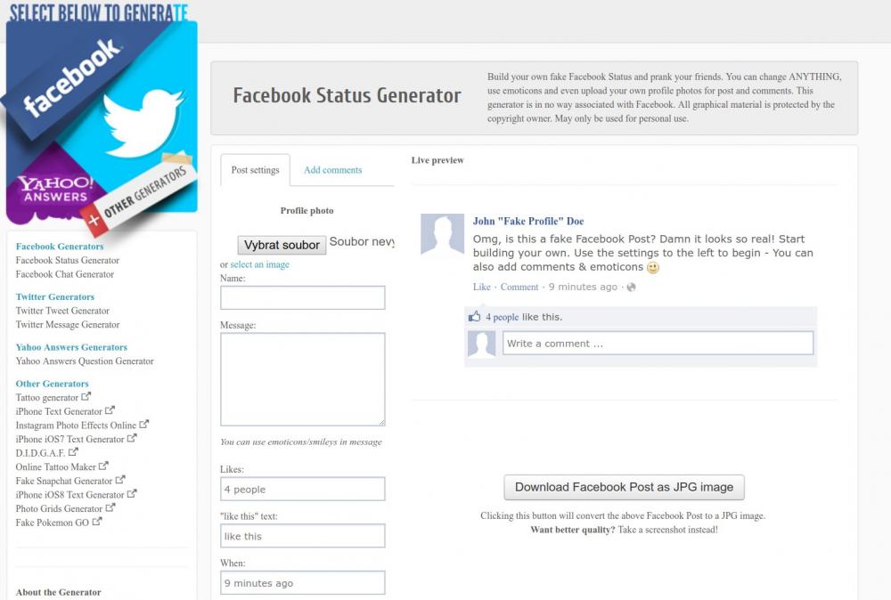 generátor falešného Facebook profilu