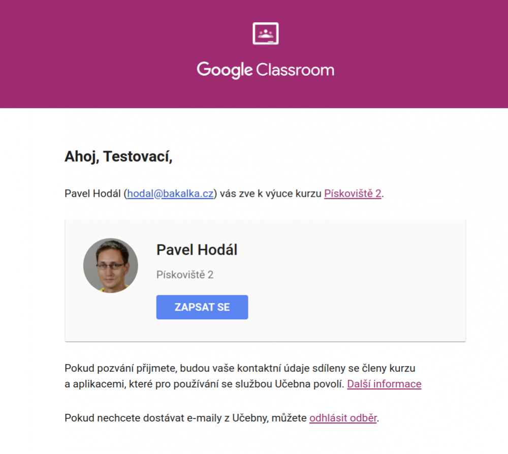 Google Classroom - zápis do kurzu pomocí pozvánky